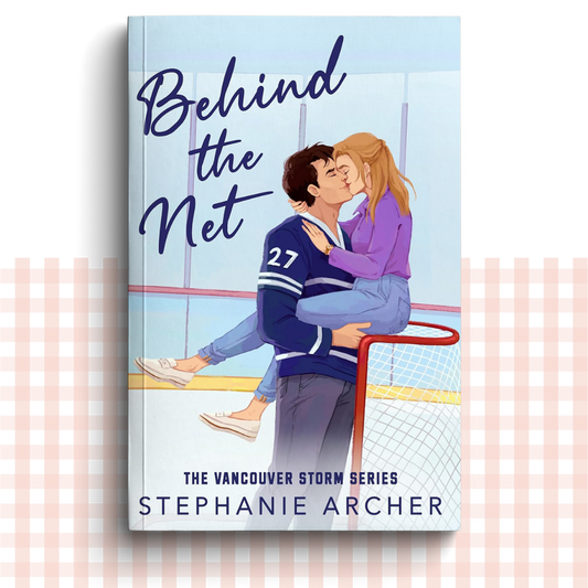 Paperback book cover of 'Behind the Net' by Stephanie Archer with an illustration of a couple on a hockey rink.