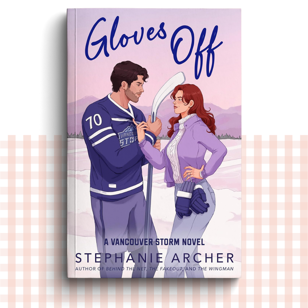 Paperback book cover of 'Gloves Off' by Stephanie Archer featuring two characters holding hockey sticks.
