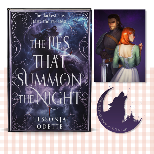 Hardback book cover of 'The Lies That Summon the Night' by Tessonja Odette with promotional materials.