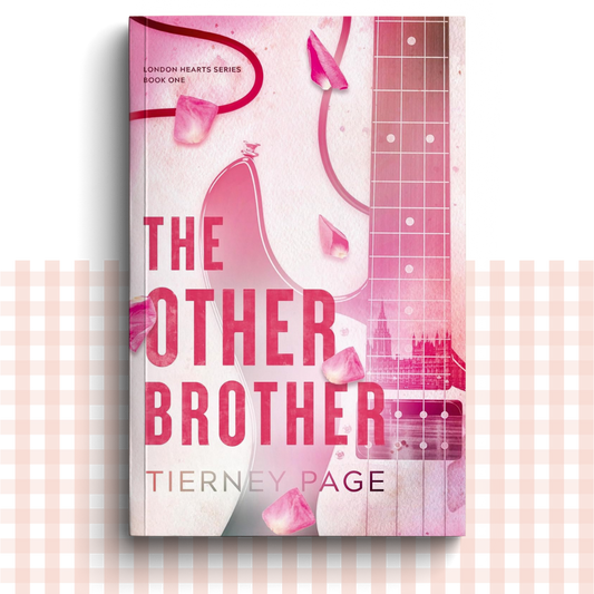 Paperback book cover of 'The Other Brother' by Tierney Page, with a pink, music design and  a small London skyline.