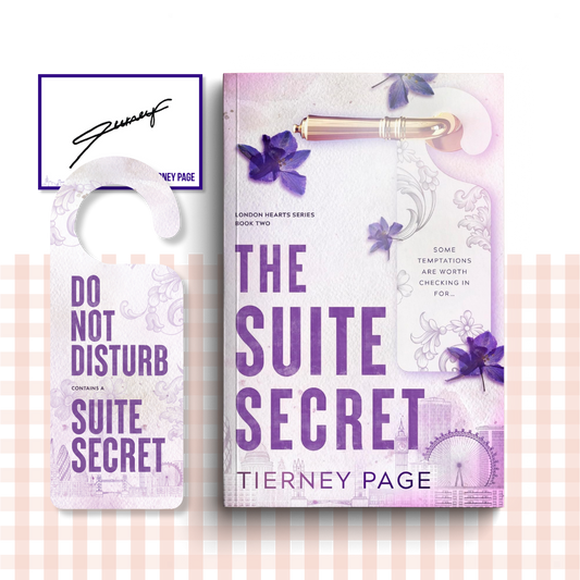 Paperback book cover of 'The Suite Secret' by Tierney Page with a matching do not disturb sign and a signed bookplate.