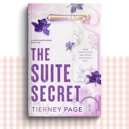 Paperback book cover of 'The Suite Secret' by Tierney Page with a purple cover design, featuring a London skyline and a hotel door hanger.