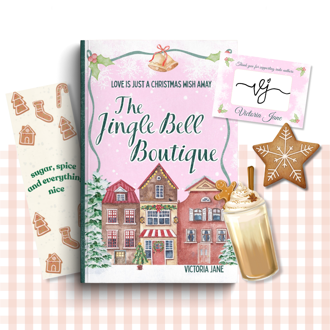Paperback book cover of 'The Jingle Bell Boutique' by Victoria Jane with matching goodies and bookplate.