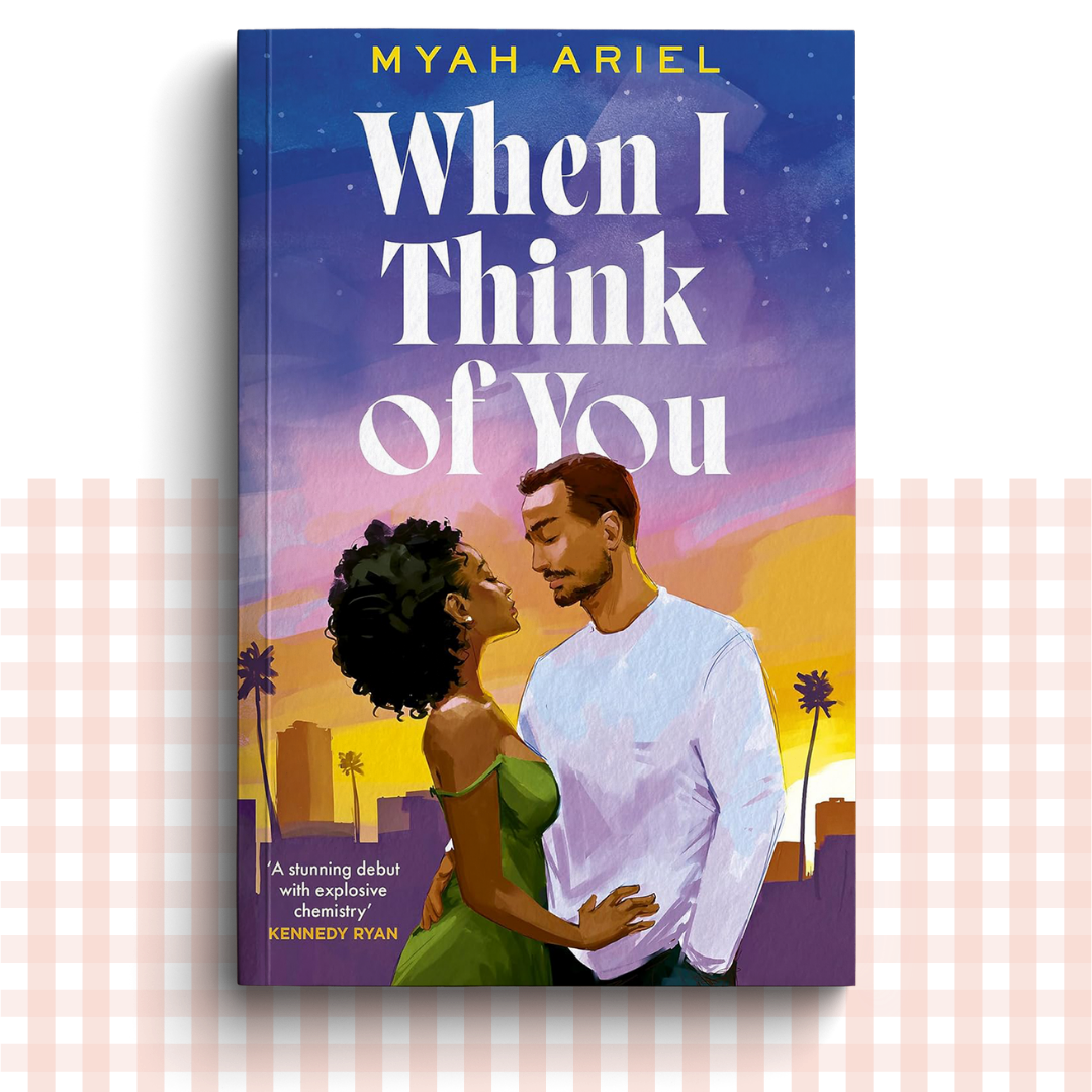 Paperback book cover of 'When I Think of You' by Myah Ariel with a couple embracing against a city skyline.